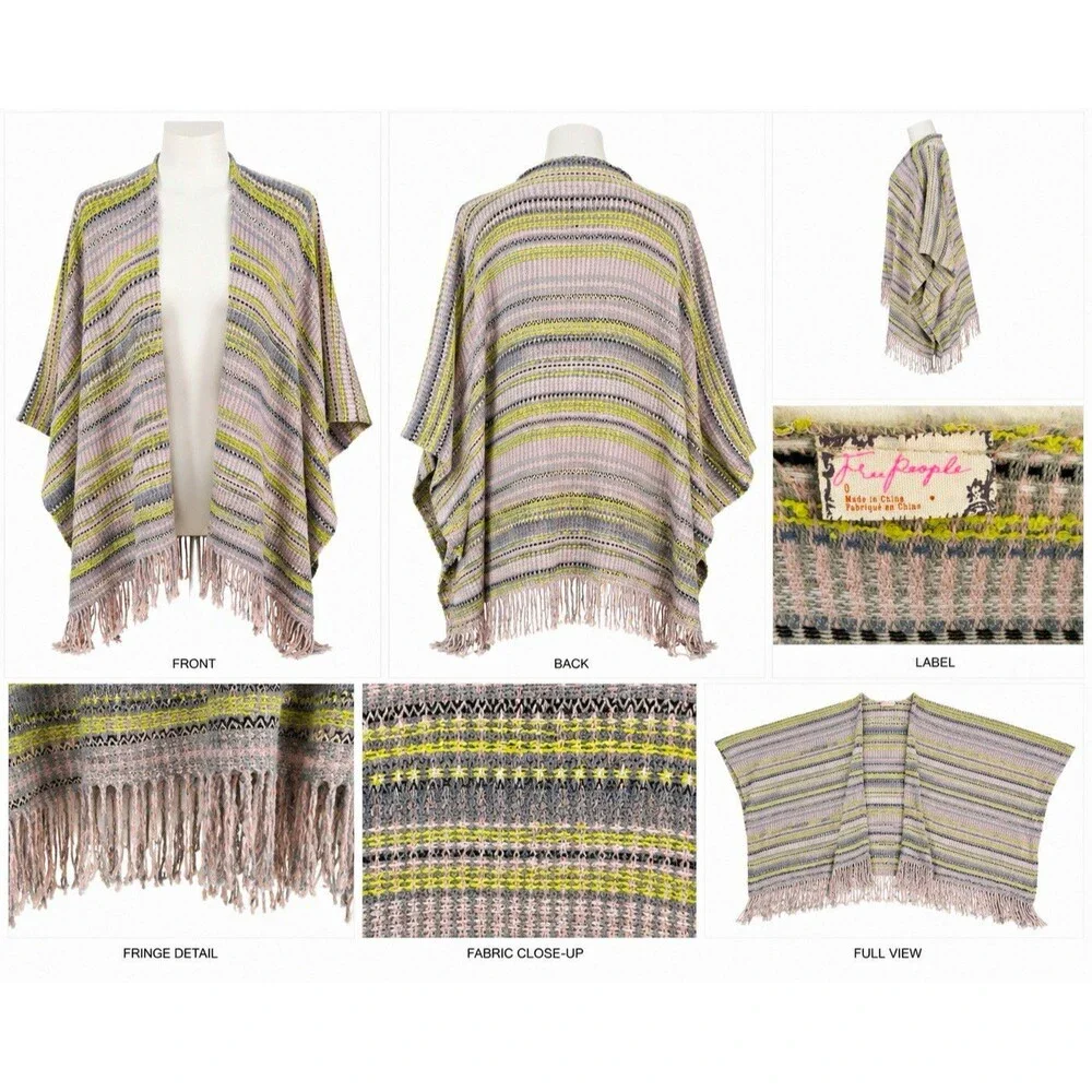 Free People Striped Ruana Poncho Fringe Open Front Gray Pink Yellow OS Boho
